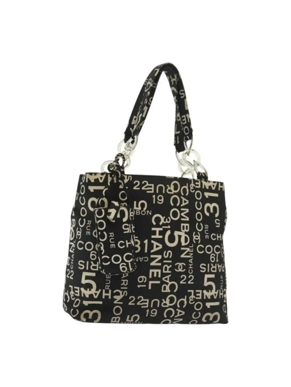 Authentic CHANEL Bysy Line Shoulder Bag Canvas Black Silver CC